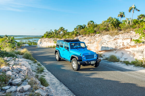 Blue jeep wrangler in Turks and Caicos