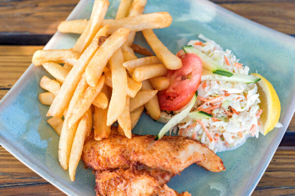 Fish and chips and coleslaw at Chinson's Restaurant