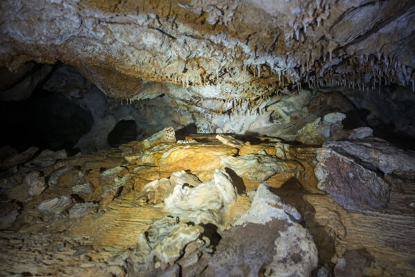 Flowstone and dry cave features in a Karst cave on East Caicos