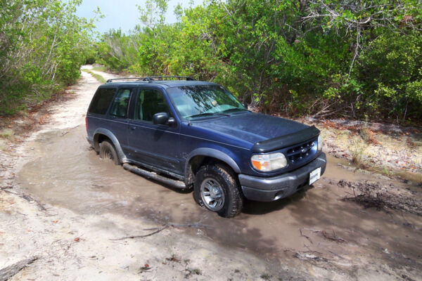Ford Explorer 4x4 stuck in a mud hole on North Caicos