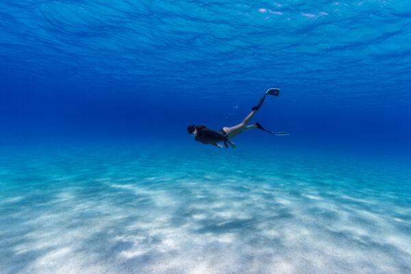 Freediving in clear ocean water in the Turks and Caicos