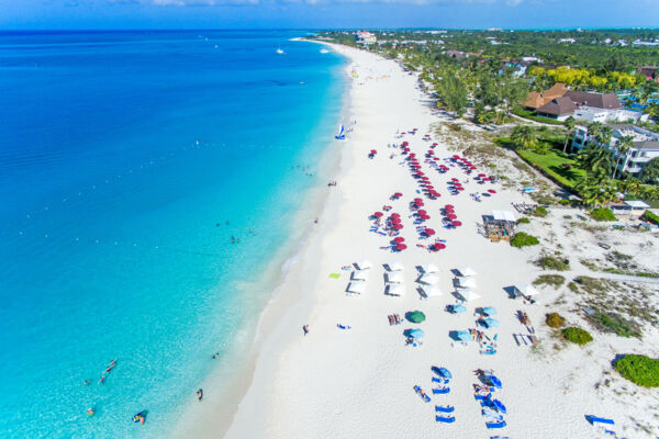 Umbrellas and loungers on Grace Bay Beach in the Turks and Caicos