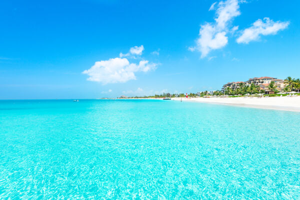 Grace Bay Beach and luxury resorts as seen from the water
