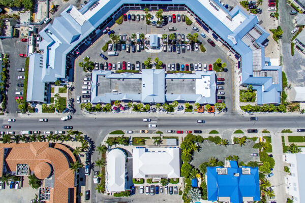 Aerial view of the Saltmills shopping plaza in Grace Bay