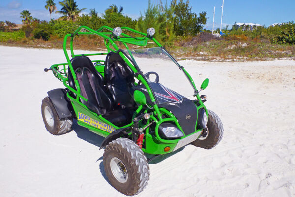 Rental 4x4 dune buggy parked at Turtle Cove on Providenciales