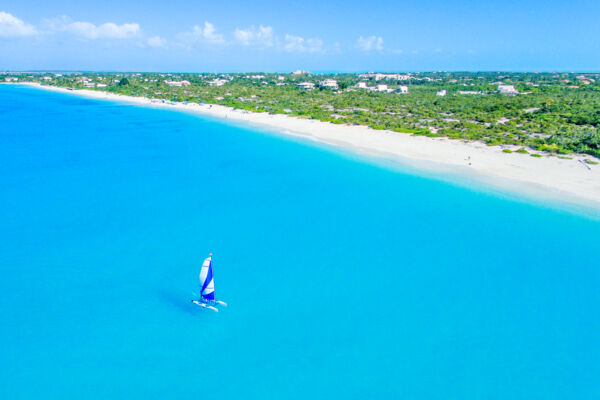 Hobie Cat sailboat cruising off of Leeward Beach on Providenciales