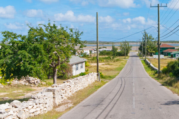 Paved road and houses in Cockburn Harbour on South Caicos