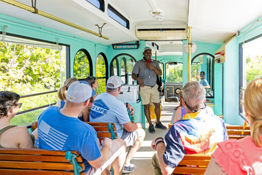 Group on a trolley bus tour in Turks and Caicos. 