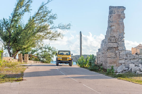 Jeep near old salt warehouse ruin on South Caicos