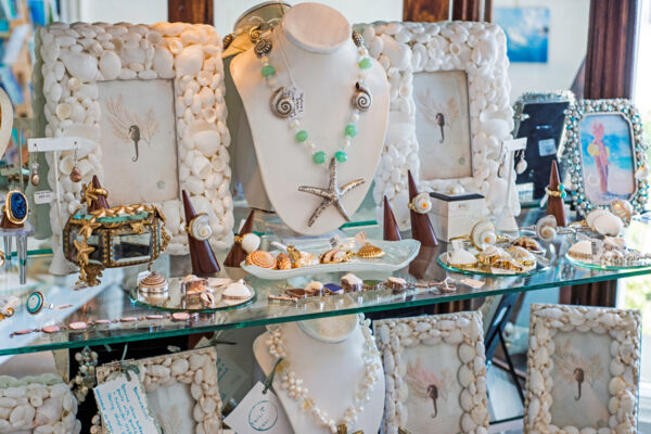 Jewelry and seashell picture frames at a shop in Grace Bay on Providenciales