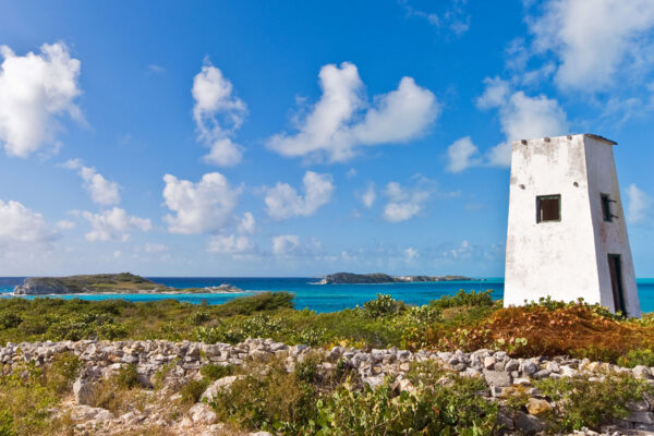 The light tower at Tucker Hill and view of the Admiral Cockburn Land and Sea National Park