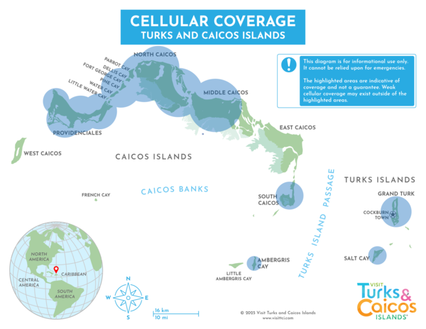 Map of cellular phone coverage service in the Turks and Caicos