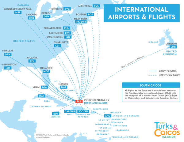 International flight route map for the Turks and Caicos Islands.