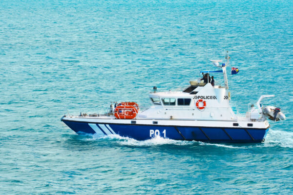 Royal Turks and Caicos Police Marine Branch cruiser on the Caicos Banks off Providenciales