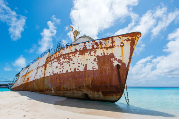 The Mega One Triton shipwreck on the beach at Grand Turk