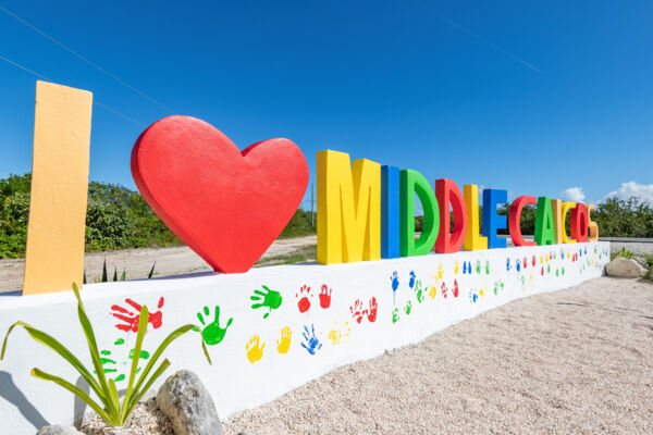 The I Love Middle Caicos sign near the North Caicos and Middle Caicos Causeway.