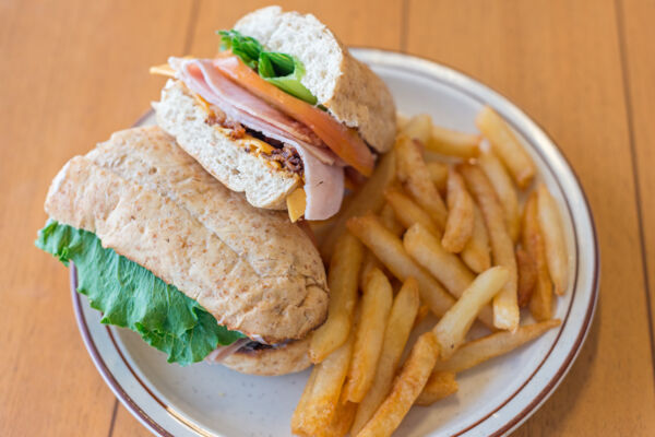 Club sandwich and french fries at Miss B's restaurant on North Caicos