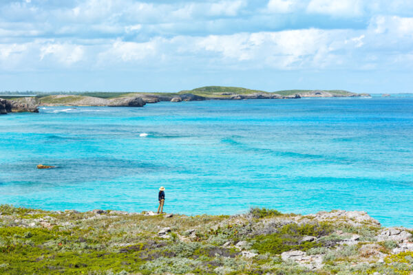 Hiker on the Crossing Place Trail on Middle Caicos