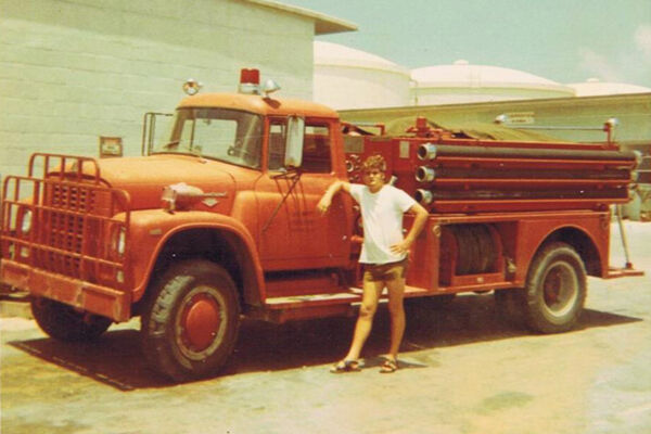 Vintage photo of a U.S. Navy firetruck at the Grand Turk NAVFAC 104 base