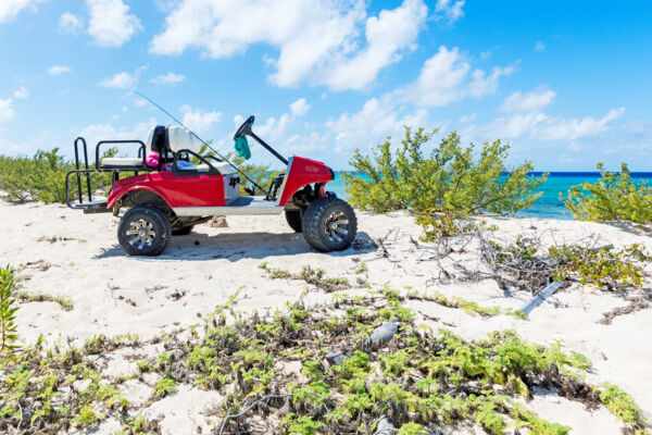 Club Car golf car at the beach near Balfour Town on Salt Cay