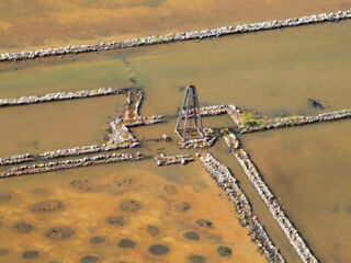 Aerial view of the salt salinas on South Caicos