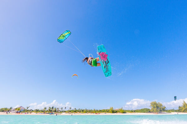 High kiteboarding jump at Long Bay Beach on Providenciales