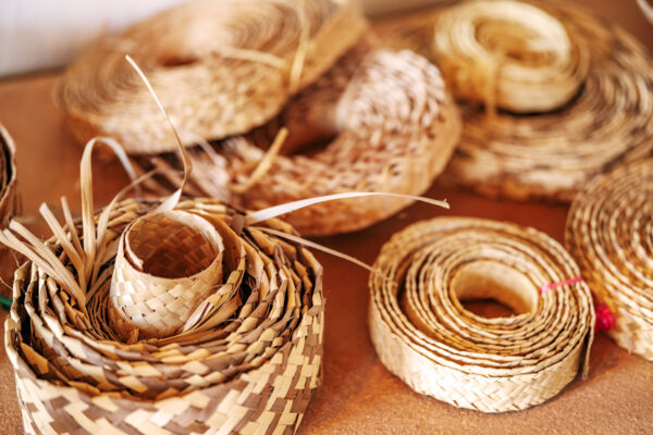 Rolls of plaited palm fronds used for traditional straw work in Turks and Caicos. 