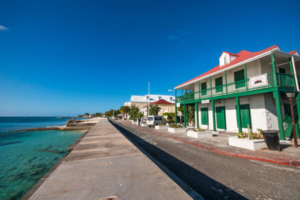 The Post Office on Front Street, Grand Turk with a view along the water.