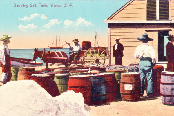 Vintage photo of barrels of salt at the waterfront of Cockburn Town on Grand Turk