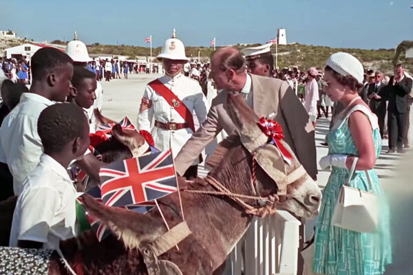 H.M. Queen Elizabeth II watching donkey races on South Caicos