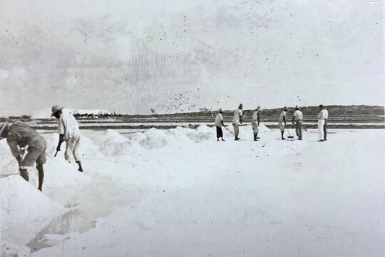 Photo taken in 1920s of salt raking on Grand Turk