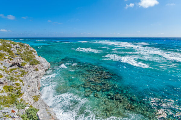 Reefs and breaking waves off the coastal cliffs of the Highlands on South Caicos