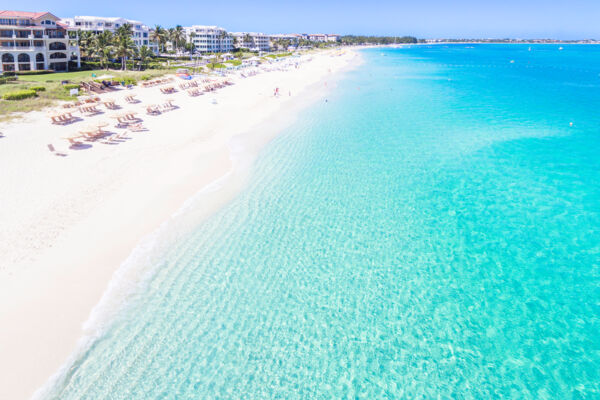 Aerial view of Grace Bay Beach and resorts