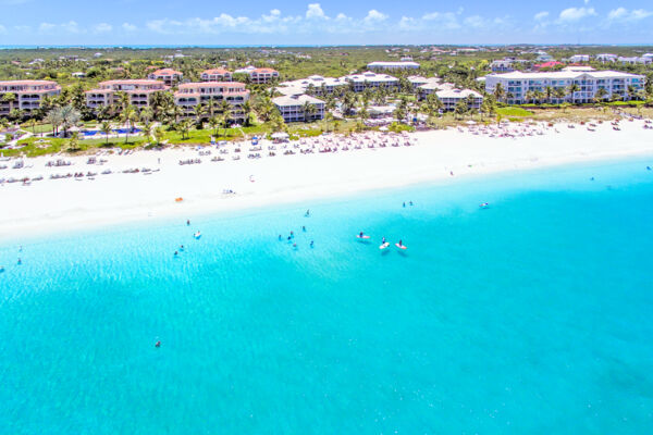 Aerial view of the luxury resorts and Grace Bay Beach