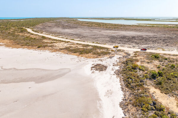 Jeeps on a dirt road in a Turks and Caicos national park. 