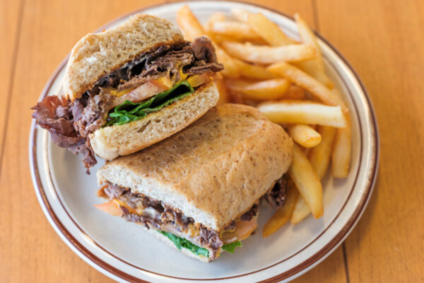 Roast beef sandwich and french fries at a Turks and Caicos restaurant