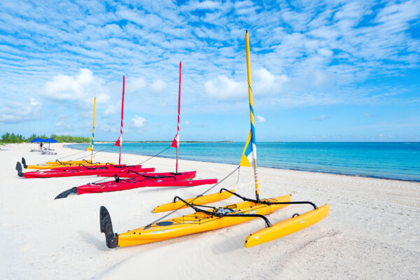 Hobie sailing kayaks on the beach at the East Bay Resort on South Caicos