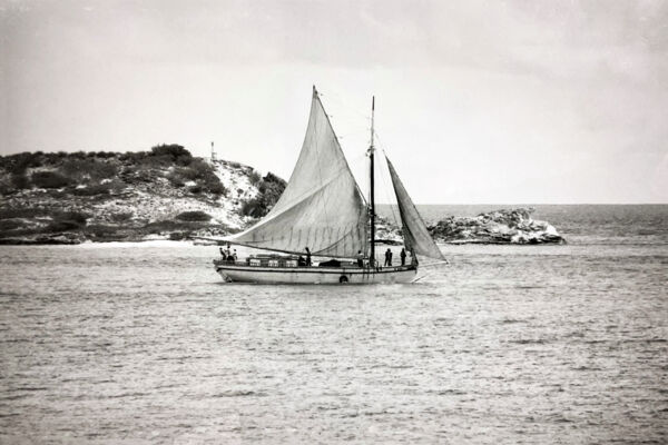 Old photo of a sloop at South Caicos