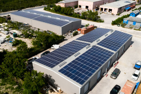 Solar panels on a warehouse roof in the Turks and Caicos