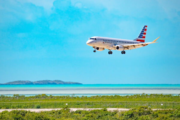 An American Airlines plane flying above South Caicos.