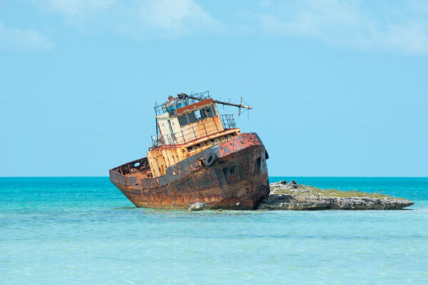 Tugboat shipwreck on a rock near South Dock on Providenciales