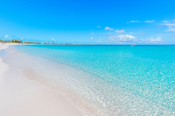 White sand and calm ocean at Grace Bay in the Turks and Caicos