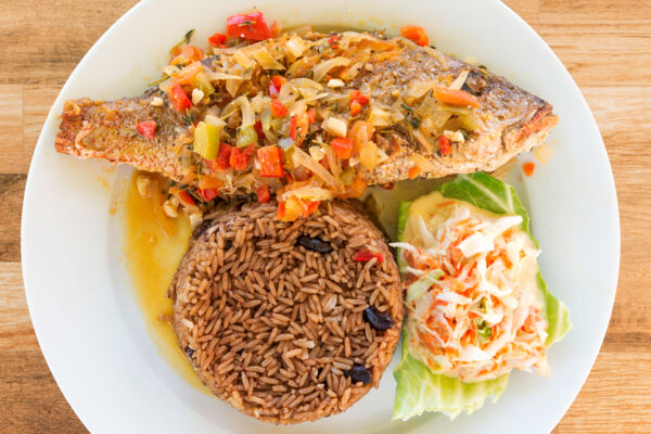 Turks and Caicos steamed fish, coleslaw, and peas n' rice