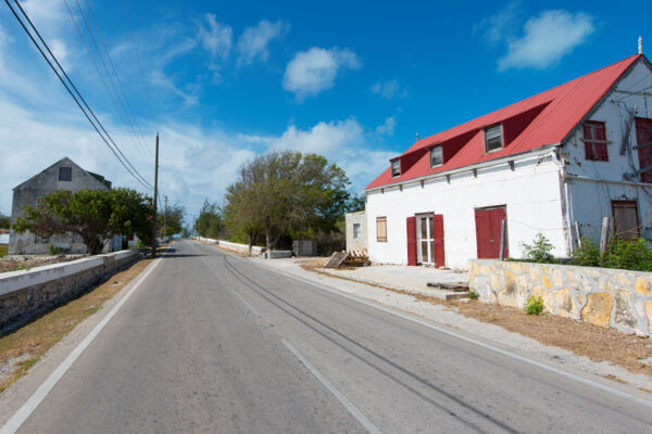 A street with homesteads on the island of South Caicos in the Turks and Caicos