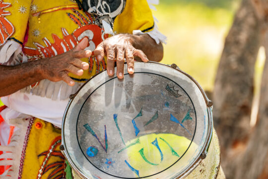 Closeup of a synthetic drum used in Turks and Caicos Junkanoo. 