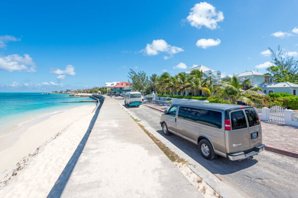 A taxi van in the beachfront Cockburn Town on Grand Turk