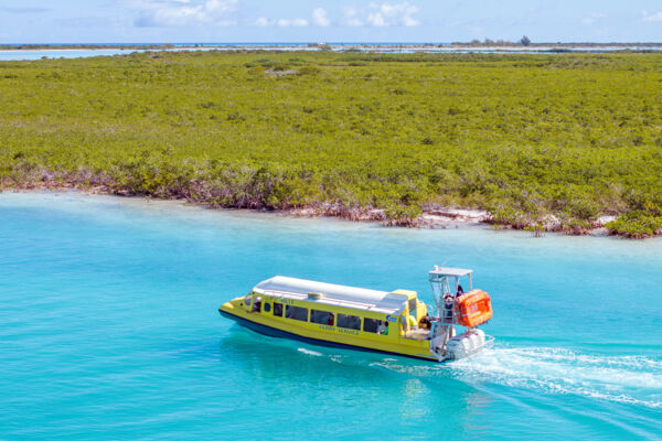 Aerial view of the North Caicos ferry near Mangrove Cay