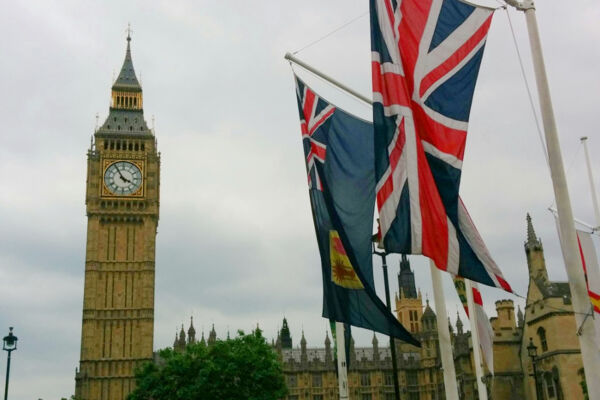 The Turks and Caicos flag flying outside the Houses of Parliament in London