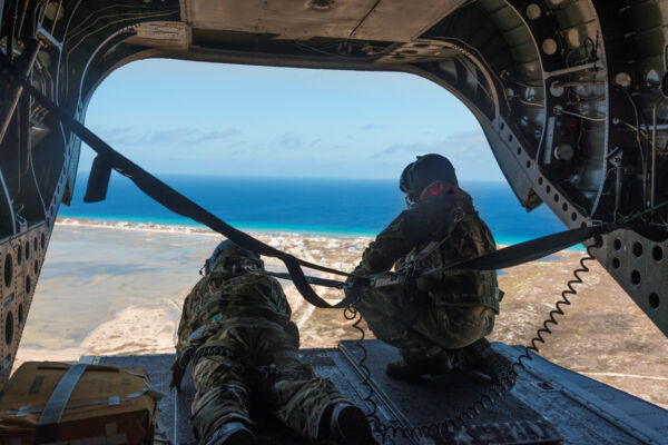 View over Turks and Caicos from United Kingdom Royal Air Force Chinook helicopter