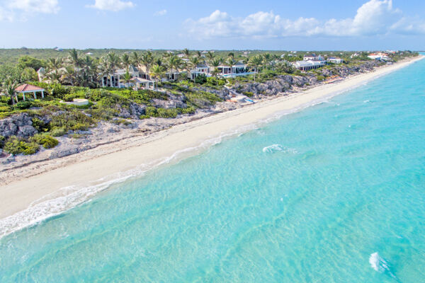Aerial view of Long Bay Beach and luxury villas on Providenciales